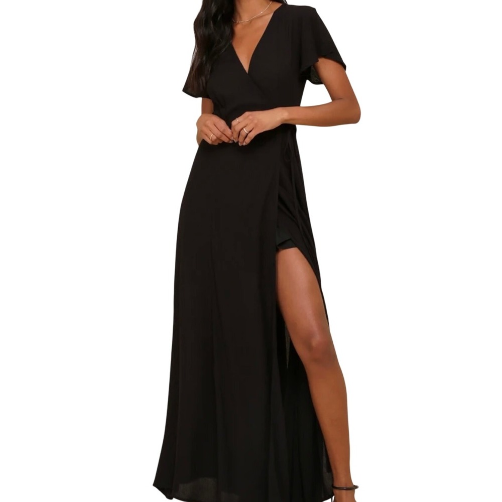 Lulus Black Maxi Dress Wrap Style Short Sleeve High Slit Elegant Party